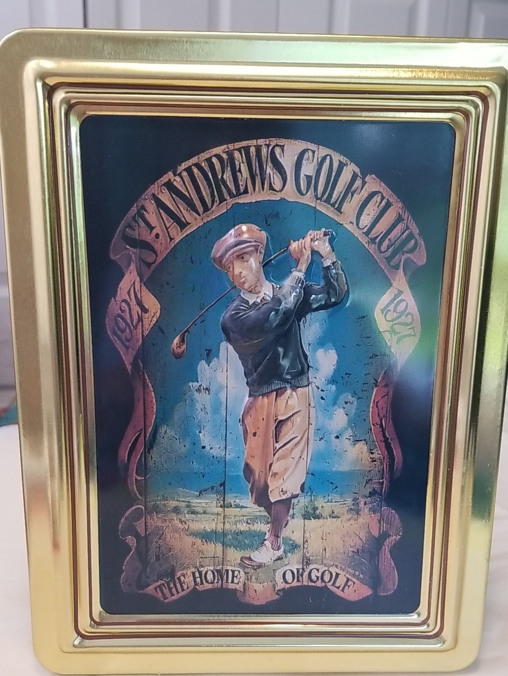 Decorative Metal Tin - Gold & Blue from St. Andrews Golf Club In Scotland EUC